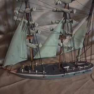 Vintage Brigantine Model Ship Nautical Coastal Home Decor Green Sails Wood Accen